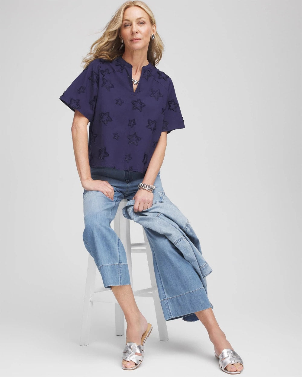 Chico's Women | Embroidered Star Split Neck Blouse PASSPORT BLUE