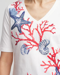 Chico's Women | Coral Print V-Neck Perfect Tee ALABASTER