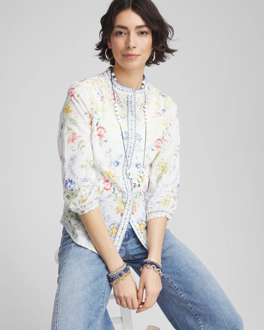Chico's Women | Floral Billow-Sleeve Blouse MELON MAMBO