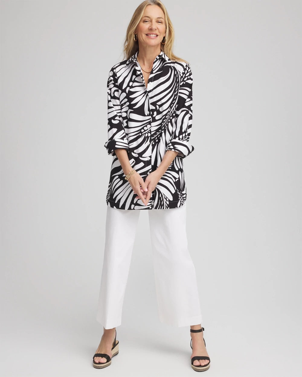 Chico's Women | No Iron™ Printed Palms Button Down Tunic BLACK