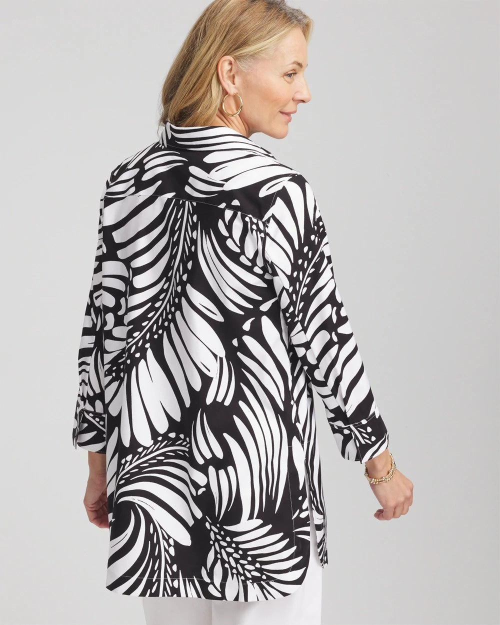Chico's Women | No Iron™ Printed Palms Button Down Tunic BLACK