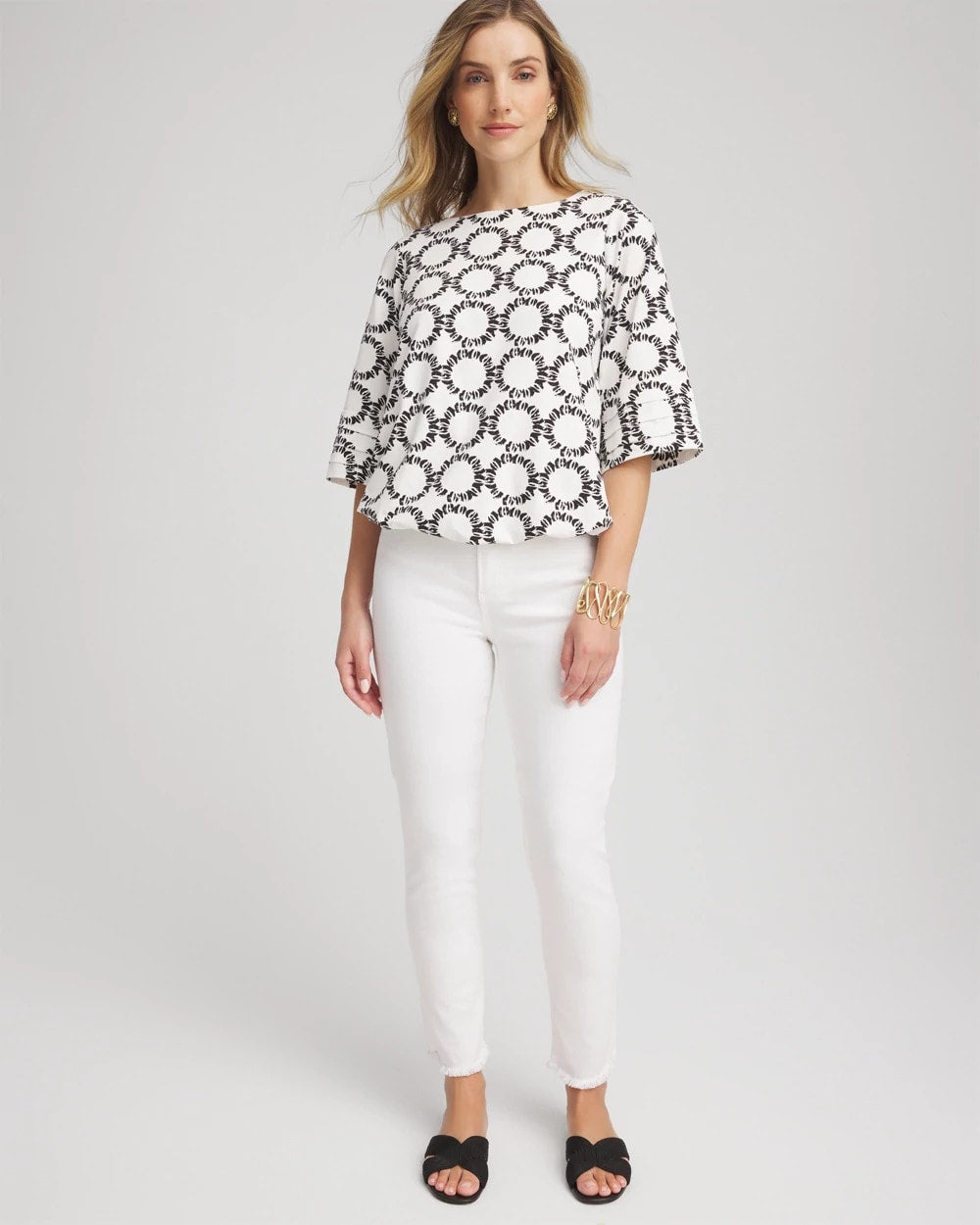 Chico's Women | Geo Print Boatneck Bubble-Hem Top ECRU