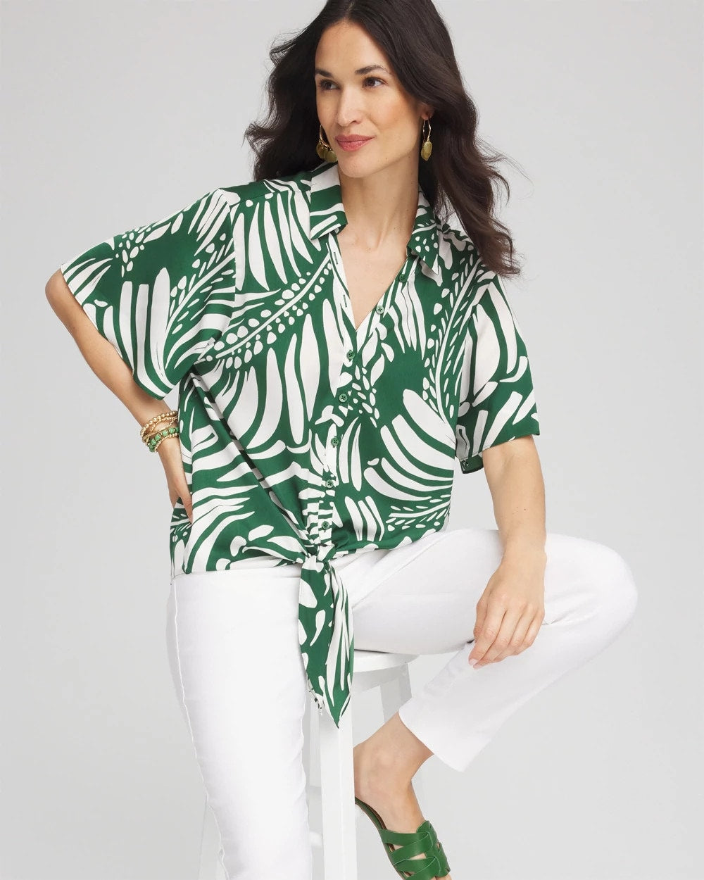 Chico's Women | Palm Print Tie-Front Silky Top PALM LEAF