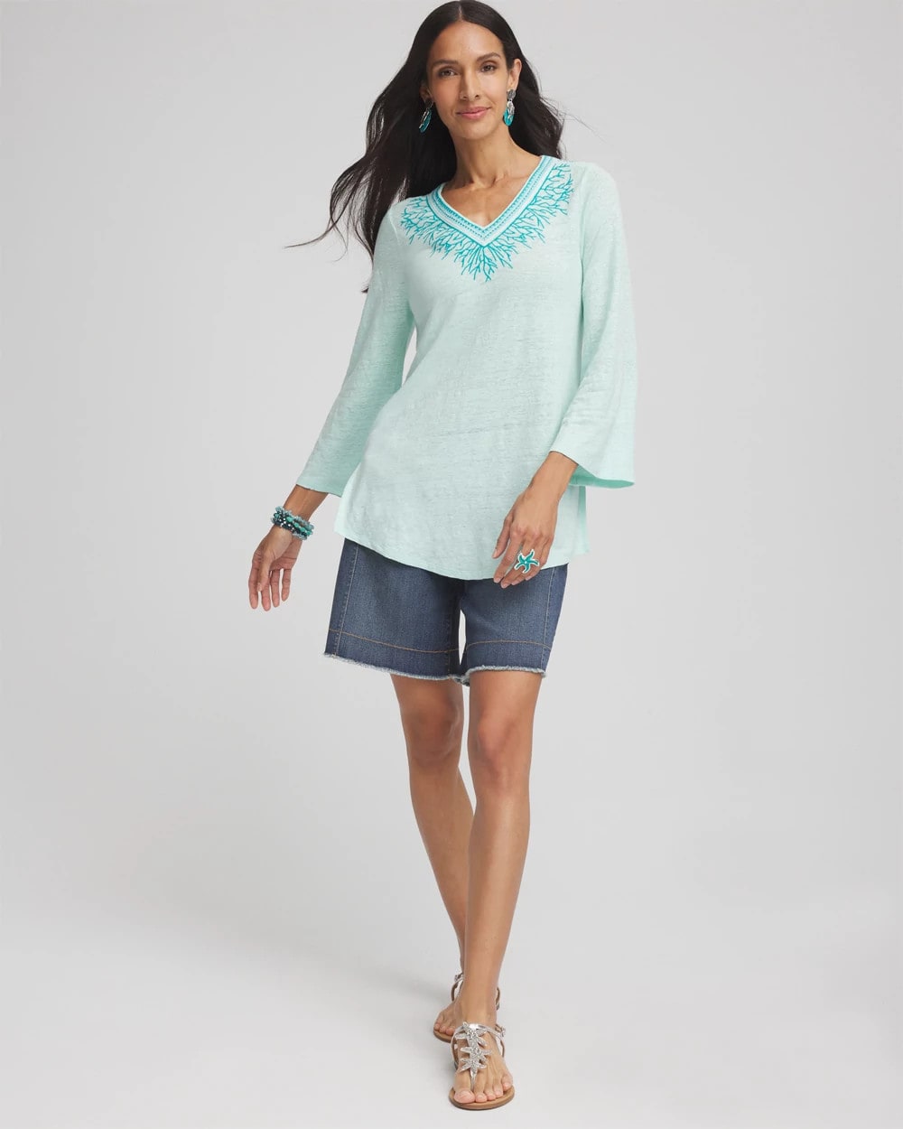 Chico's Women | Linen Embroidered V-Neck Tunic TEAL WATERS