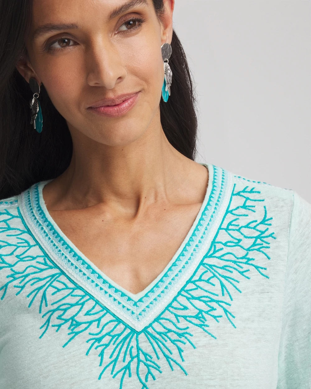 Chico's Women | Linen Embroidered V-Neck Tunic TEAL WATERS