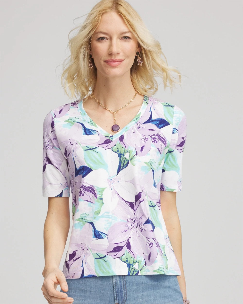 Chico's Women | Lily Print V-Neck Perfect Tee ALABASTER