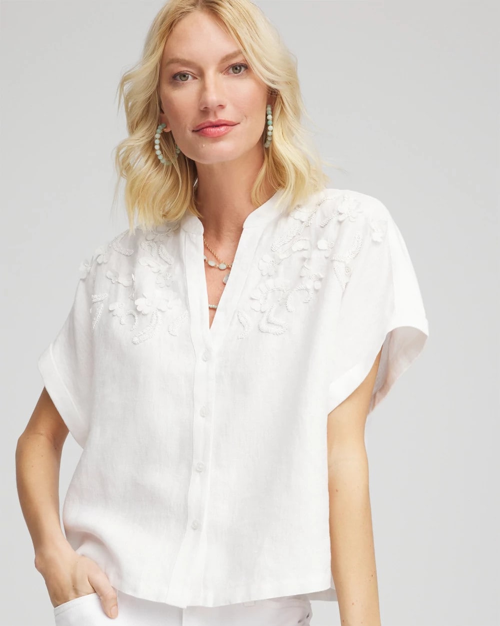 Chico's Women | Embroidered Dolman Sleeved Linen Blouse ALABASTER