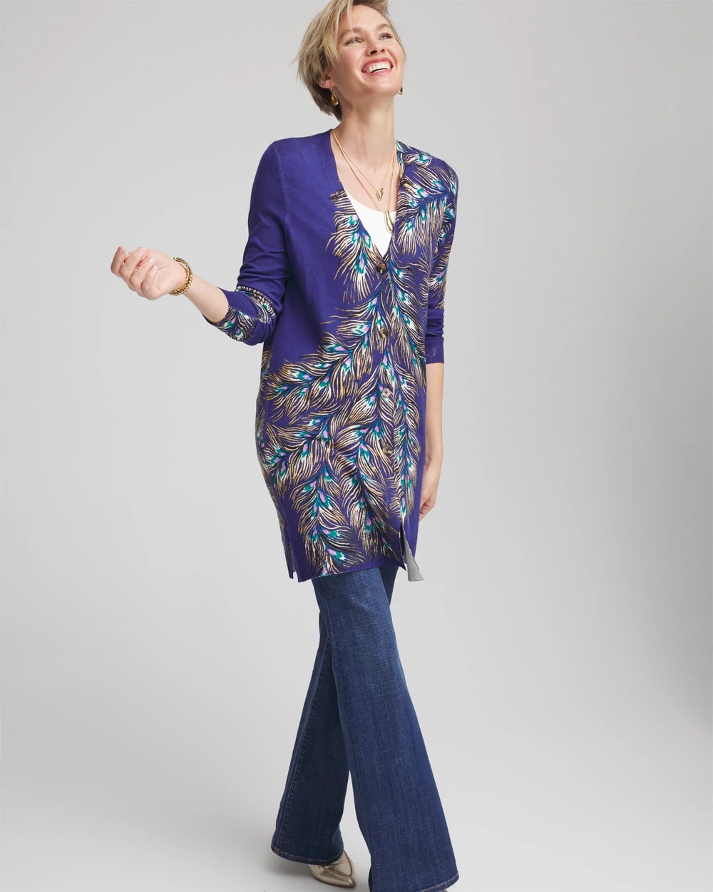 Chico's Women | Ella Peacock-Print Cardigan Sweater DARK COBALT