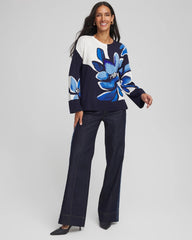 Chico's Women | Floral Intarsia Crewneck Pullover TIDAL BLUE