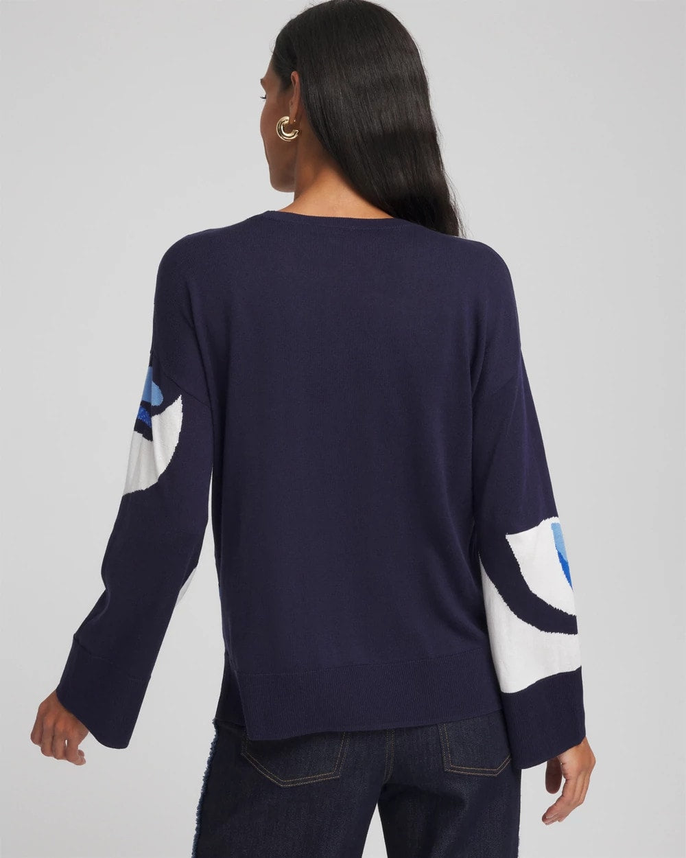 Chico's Women | Floral Intarsia Crewneck Pullover TIDAL BLUE