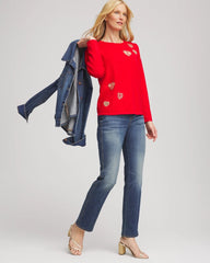 Chico's Women | V-Day Embroidered Heart Pullover LOVE LETTER RED