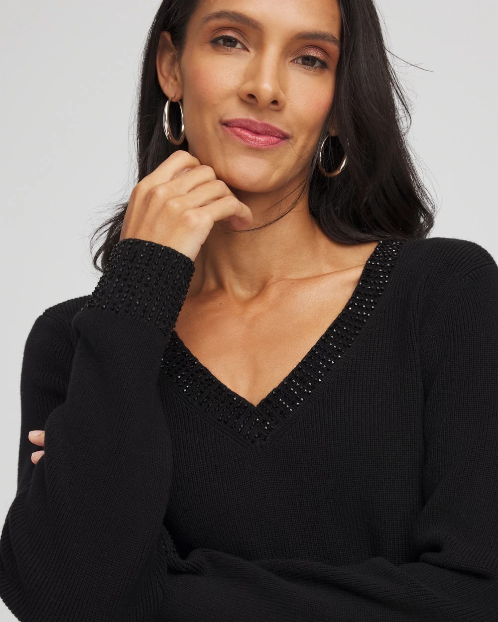 Chico's Women | Embellished V-Neck Pullover Sweater BLACK