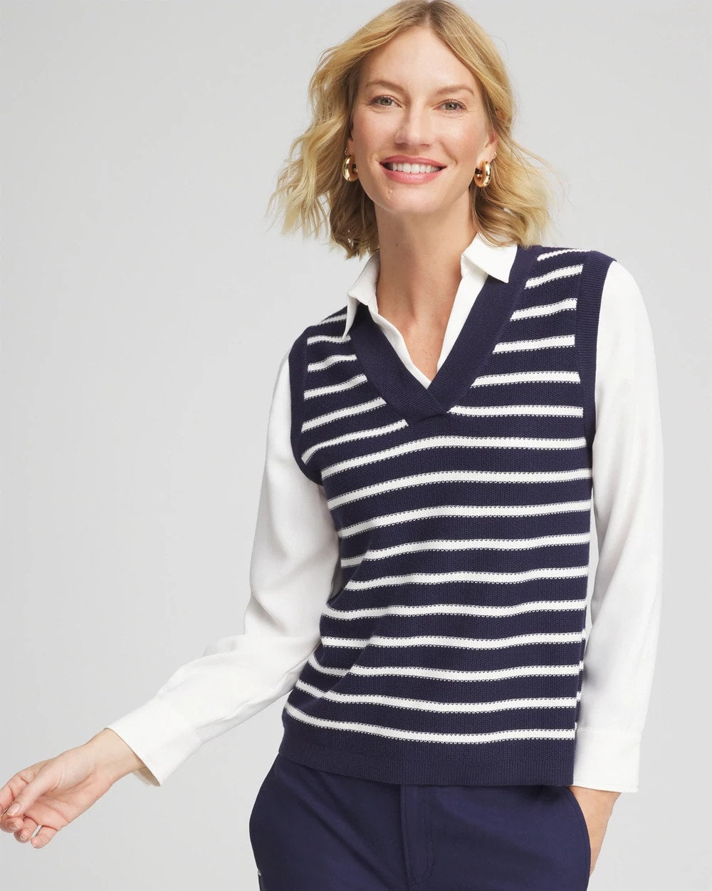Chico's Women | Striped V-Neck 2 in 1 Sweater Vest PASSPORT BLUE