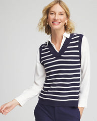 Chico's Women | Striped V-Neck 2 in 1 Sweater Vest PASSPORT BLUE