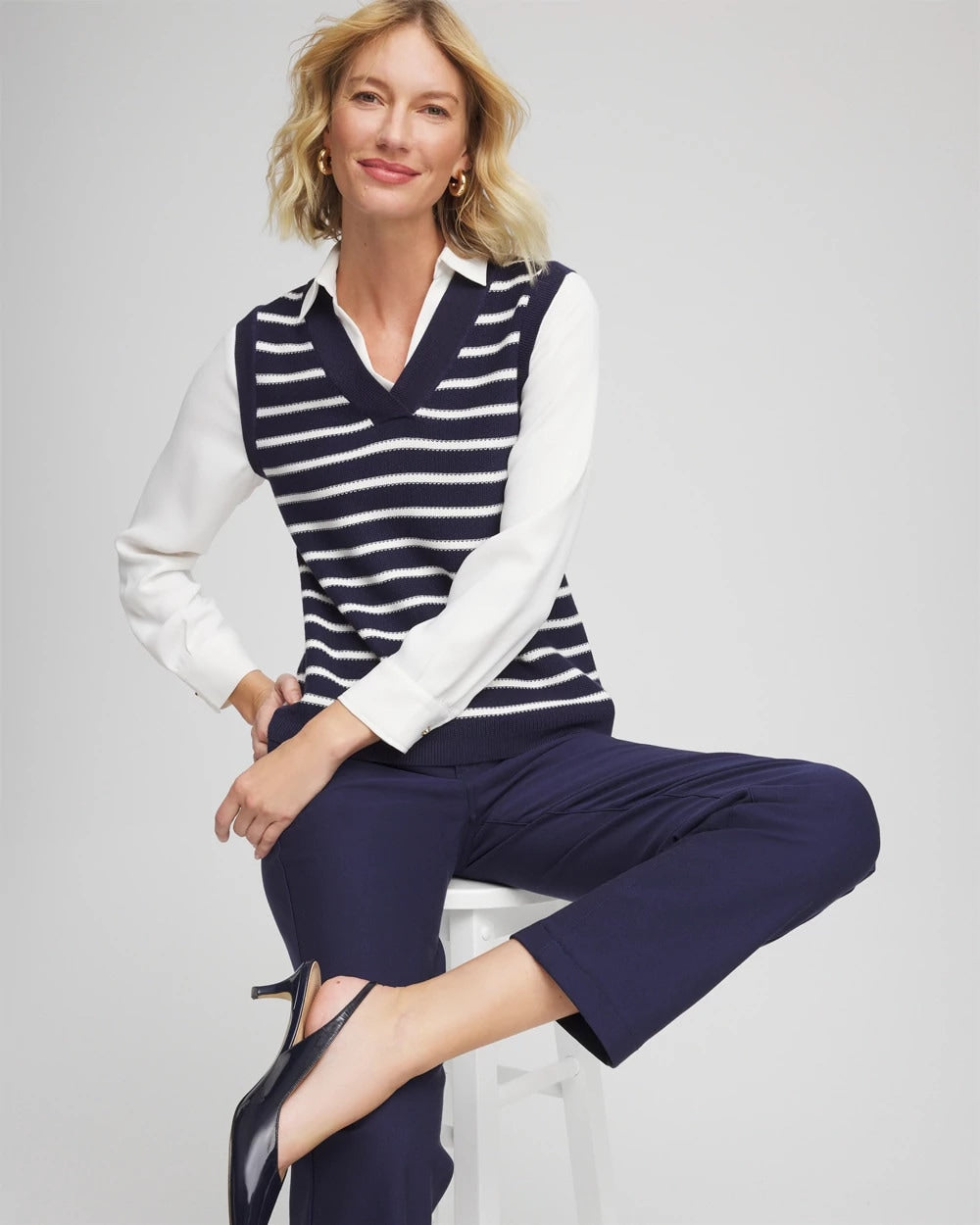 Chico's Women | Striped V-Neck 2 in 1 Sweater Vest PASSPORT BLUE