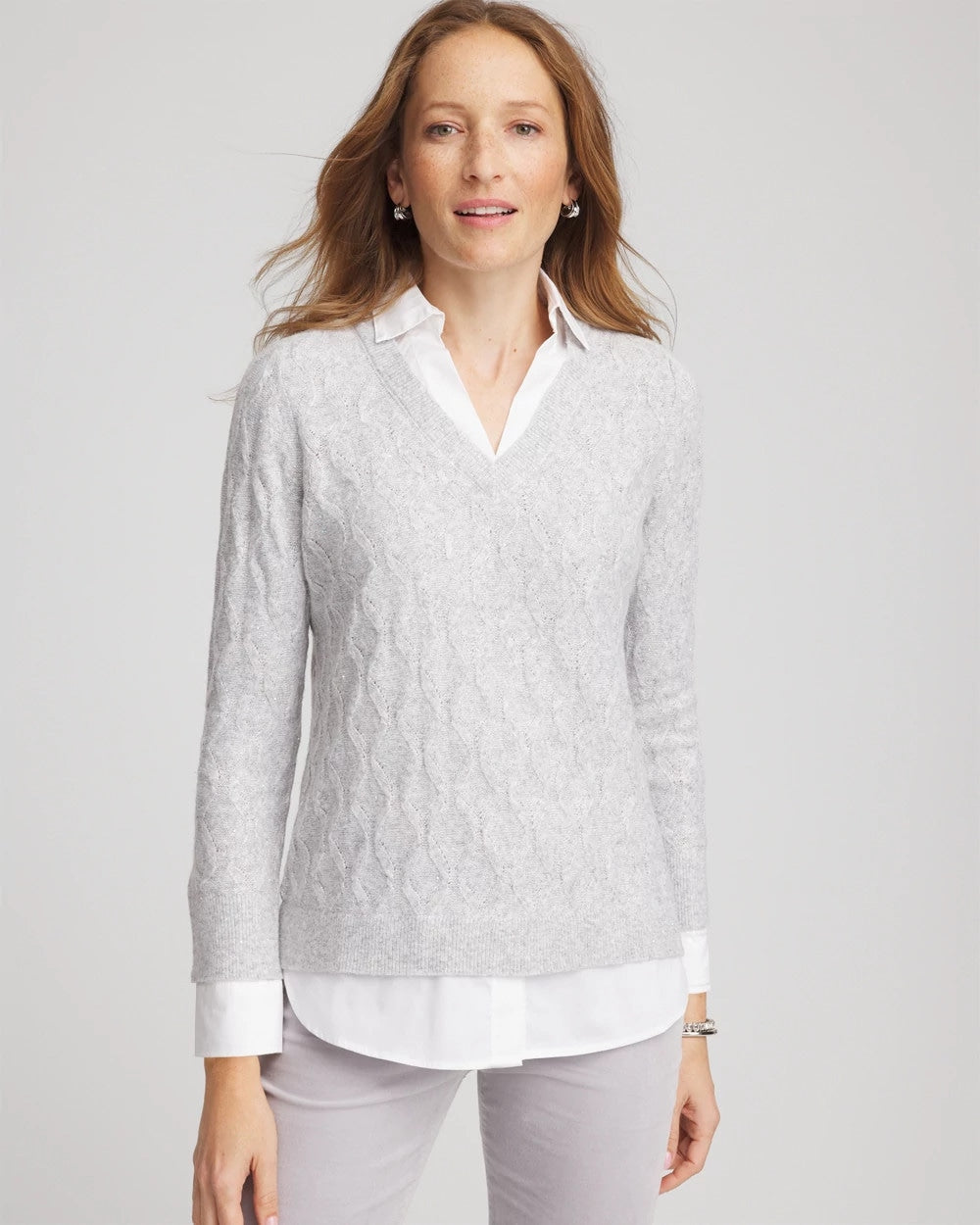 Chico's Women | Classic Built-In Shirt Knit Sweater CLASSIC GRAY