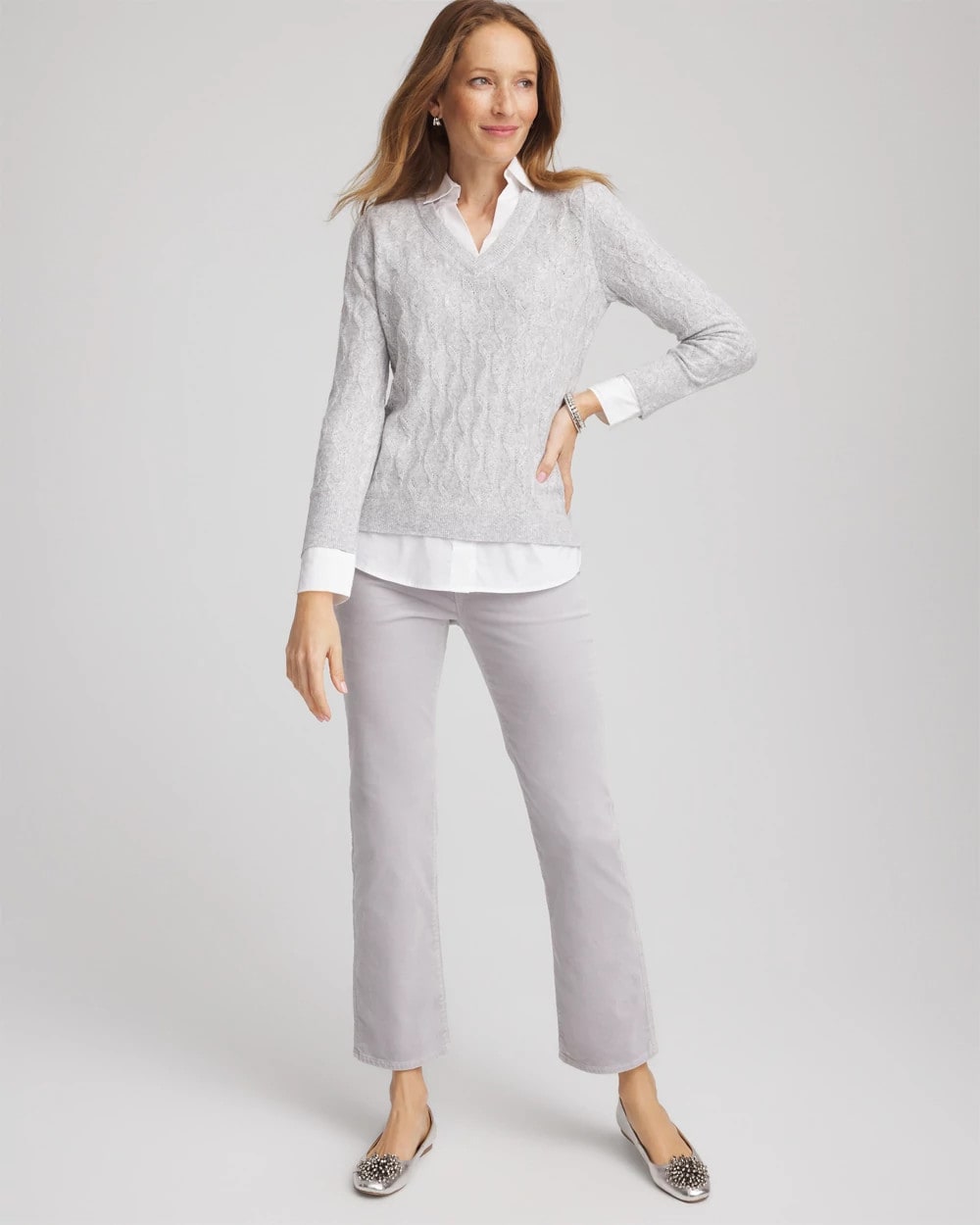 Chico's Women | Classic Built-In Shirt Knit Sweater CLASSIC GRAY