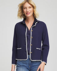 Chico's Women | Blanket Stitch Crewneck Cardigan PASSPORT BLUE
