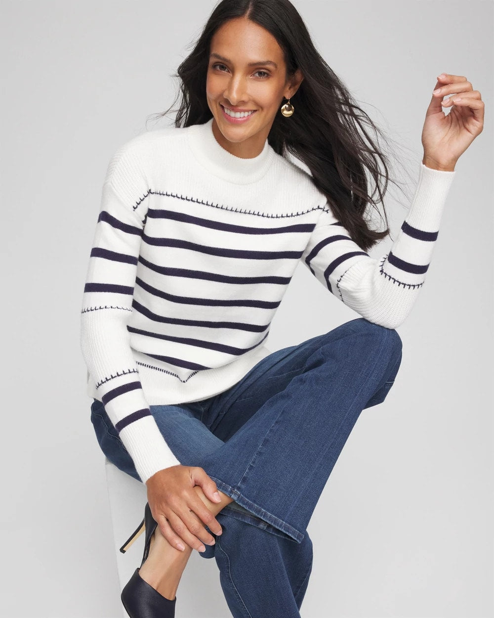 Chico's Women | Striped Relaxed Mockneck Pullover ECRU