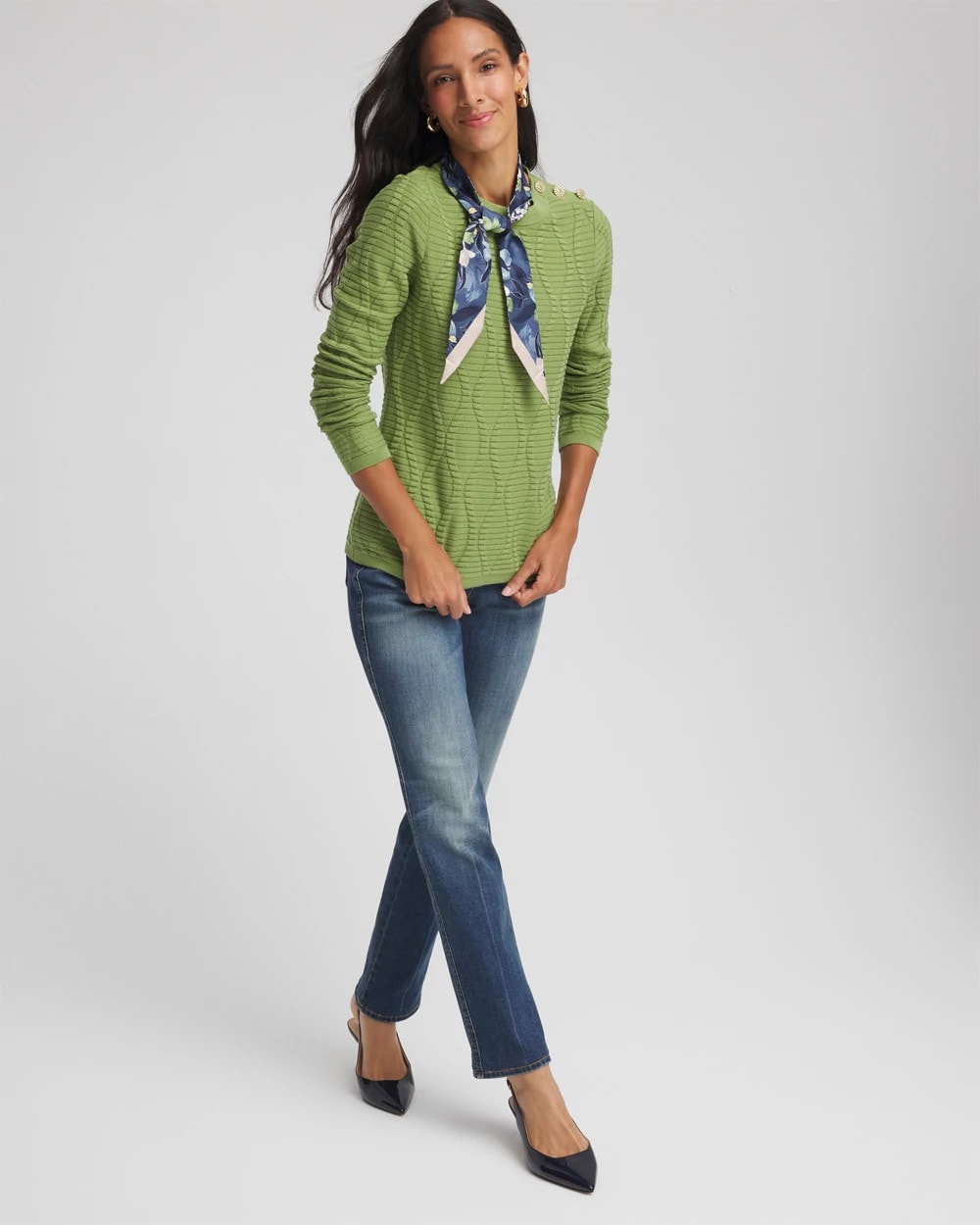 Chico's Women | Button Shoulder Crewneck Pullover GREEN FIG