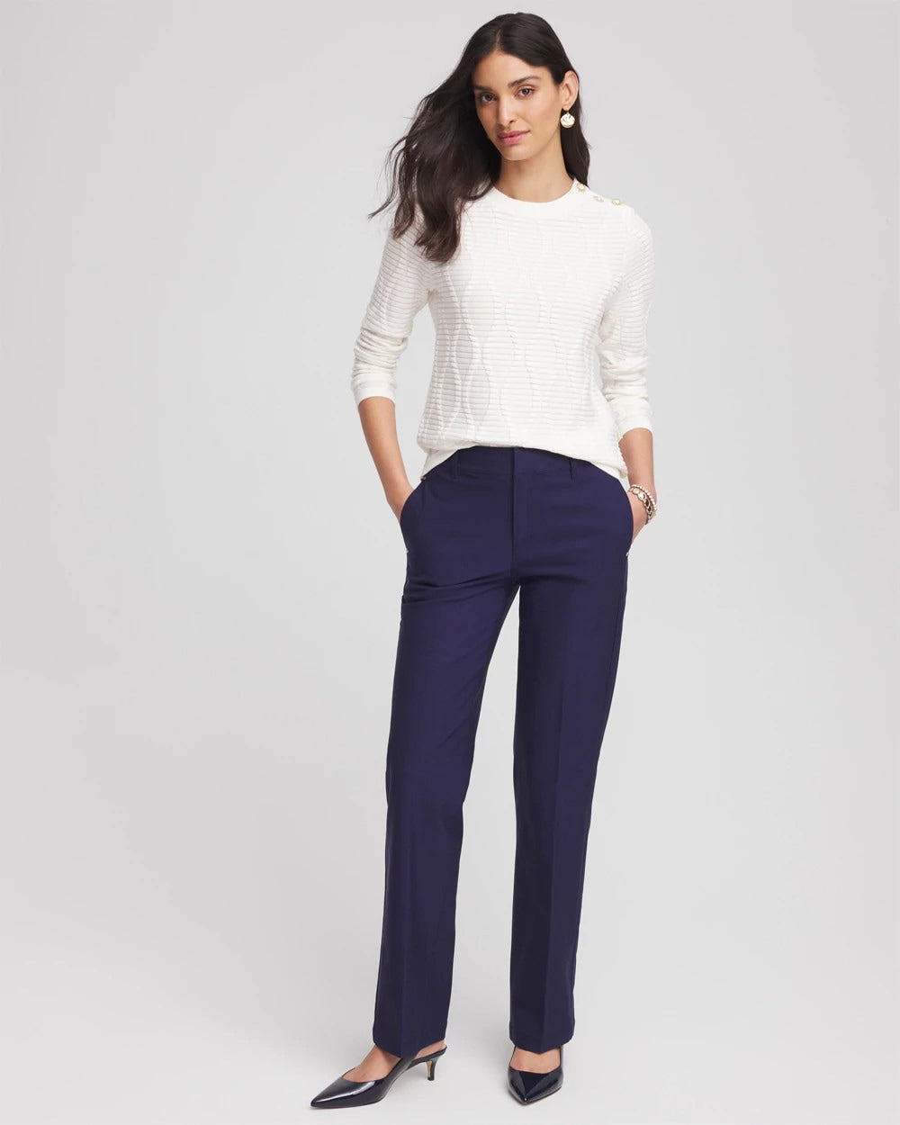 Chico's Women | Button Shoulder Crewneck Pullover ECRU
