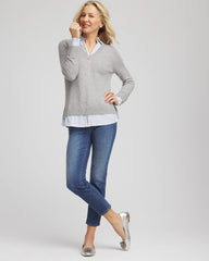 Chico's Women | Sequin Built-In Shirt Knit Sweater GRAY