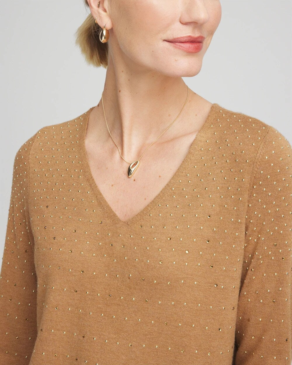 Chico's Women | Ella V-Neck Embellished Pullover Sweater FAUX CAMEL HEATHER