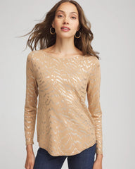 Chico's Women | Ella Boatneck Foiled Pullover Sweater FAUX CAMEL HEATHER