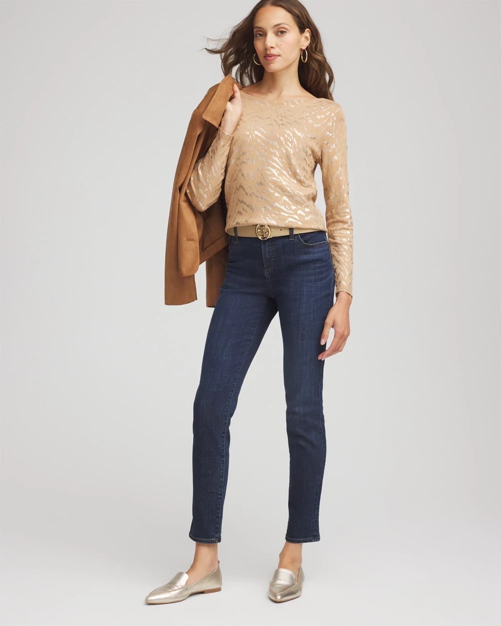 Chico's Women | Ella Boatneck Foiled Pullover Sweater FAUX CAMEL HEATHER