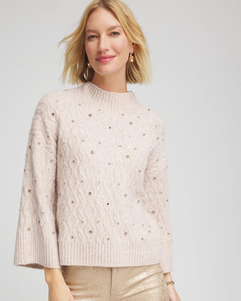 Chico's Women | Sequined Cable Knit Sweater BIRCH BARK HEATHER