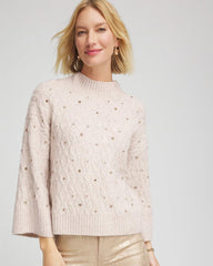 Chico's Women | Sequined Cable Knit Sweater BIRCH BARK HEATHER