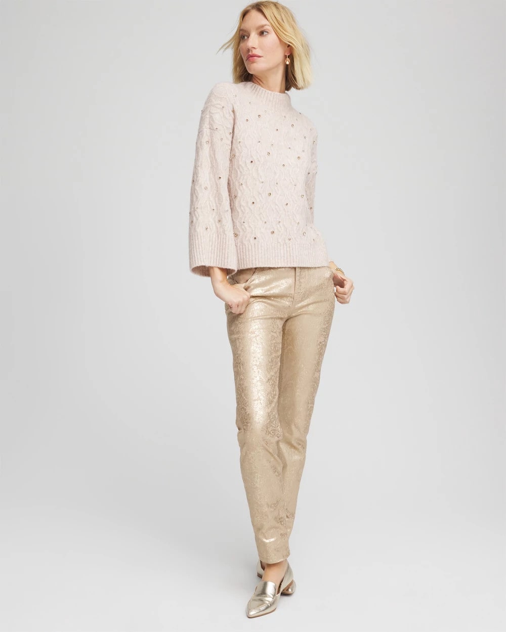 Chico's Women | Sequined Cable Knit Sweater BIRCH BARK HEATHER