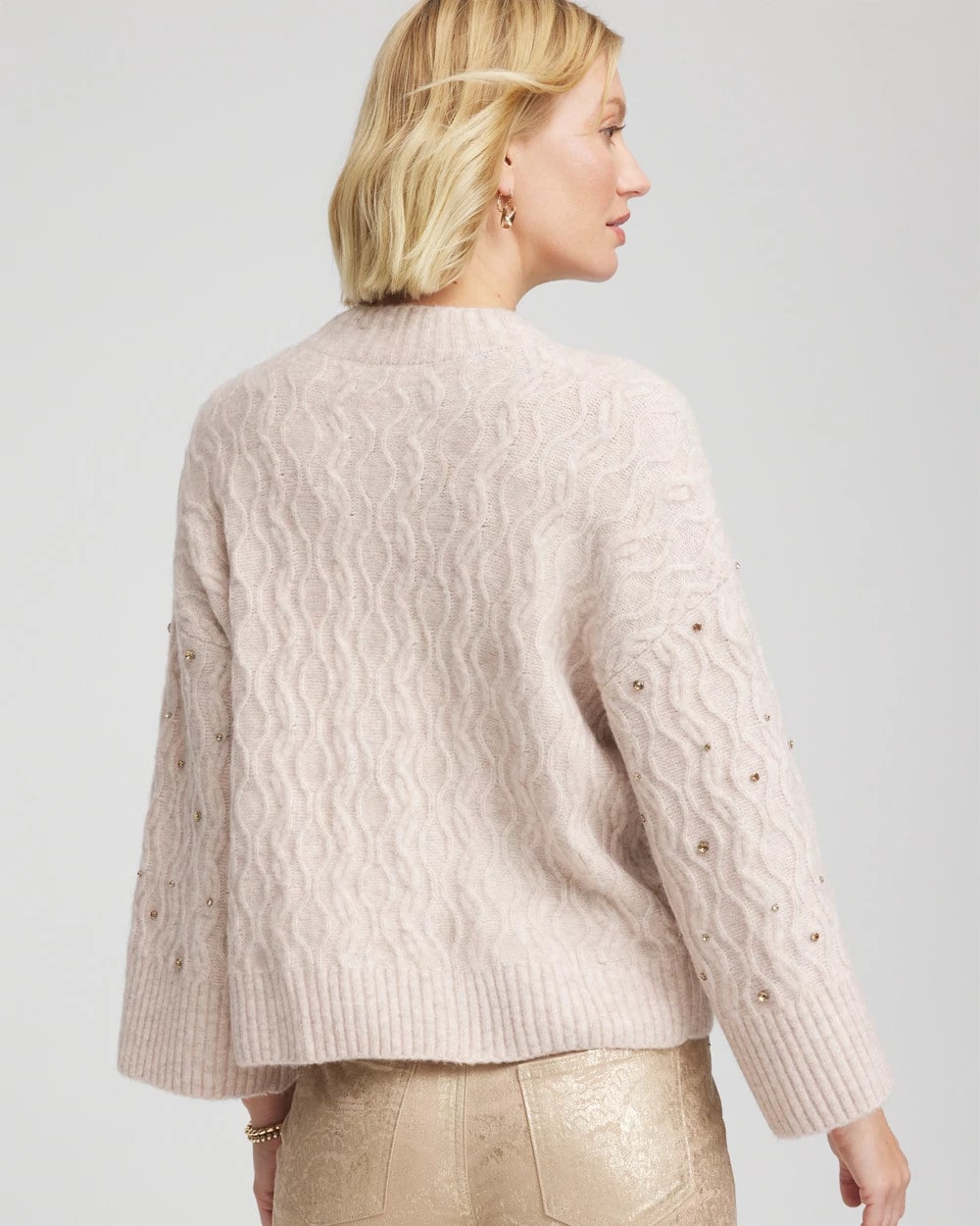 Chico's Women | Sequined Cable Knit Sweater BIRCH BARK HEATHER
