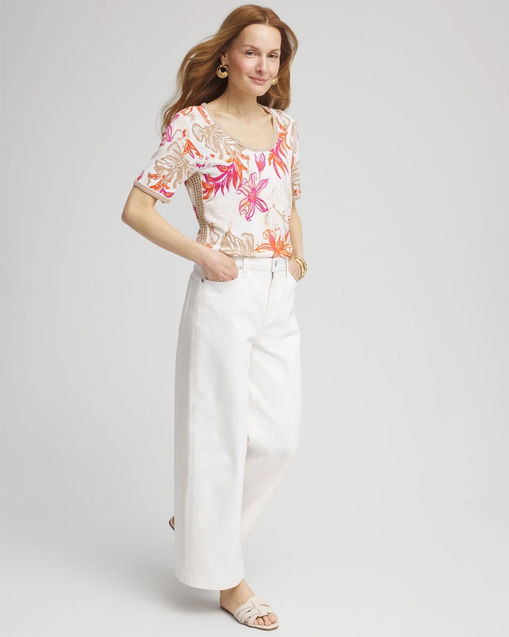 Chico's Women | Floral Print Crochet-Trim Pullover Sweater ALABASTER