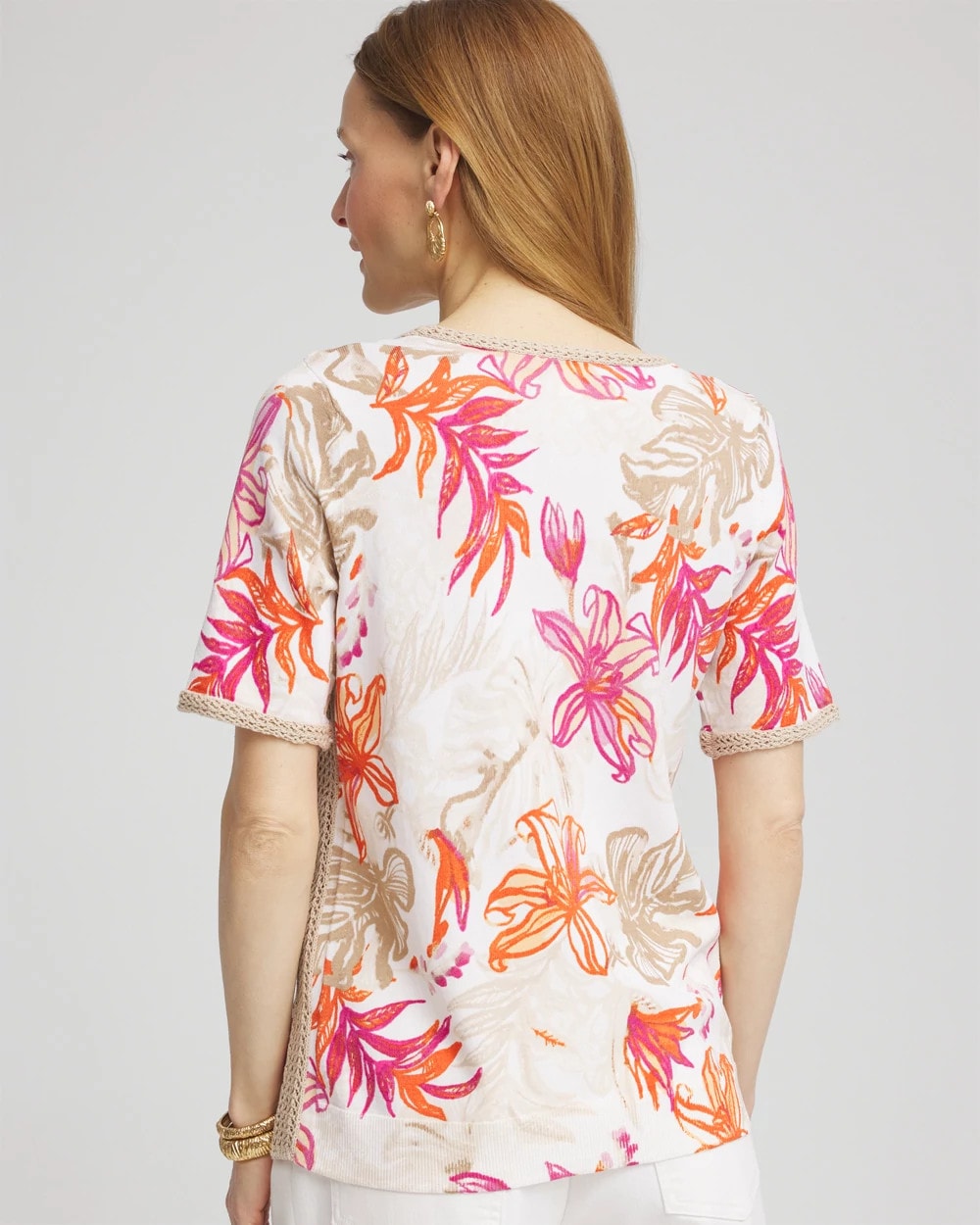 Chico's Women | Floral Print Crochet-Trim Pullover Sweater ALABASTER