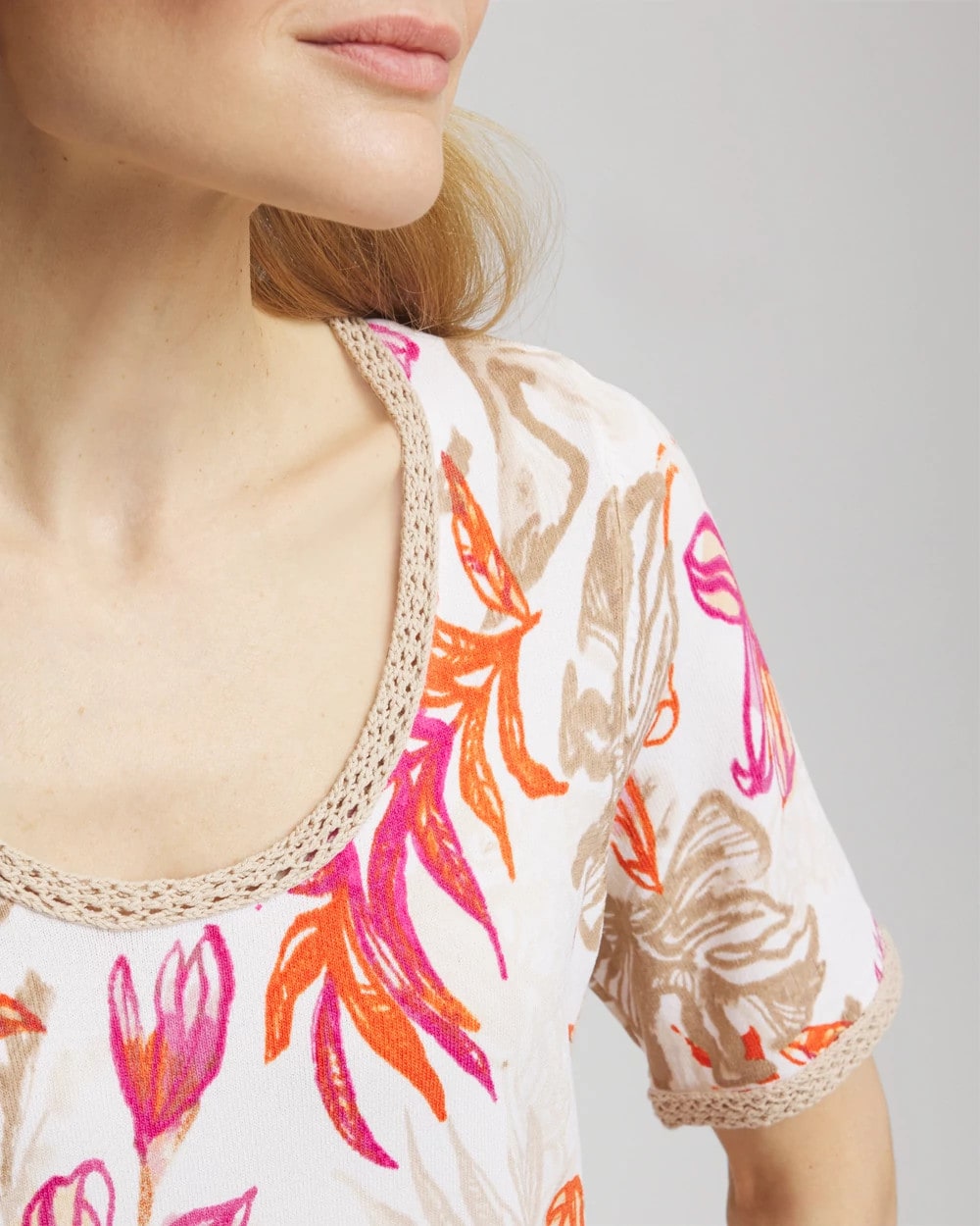 Chico's Women | Floral Print Crochet-Trim Pullover Sweater ALABASTER