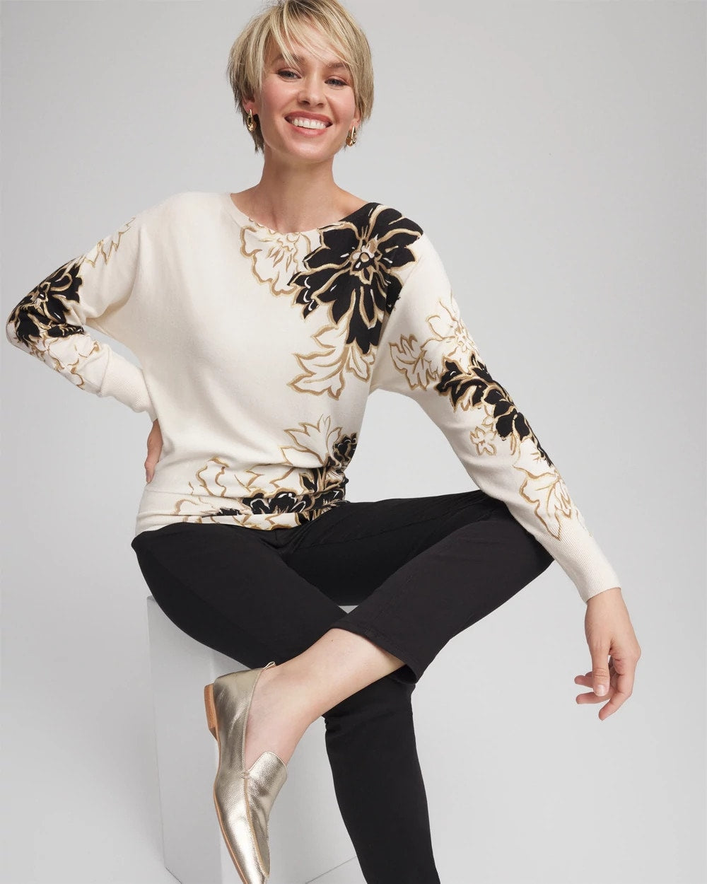 Chico's Women | Ella Dolman Artisanal Pullover Sweater BLACK