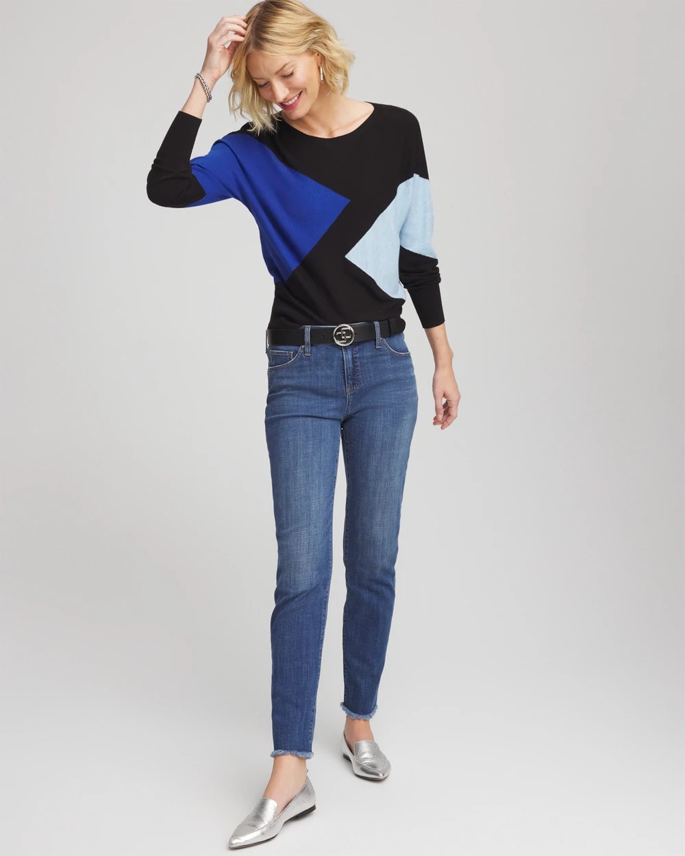 Chico's Women | Ella Dolman Intarsia Pullover Sweater BLACK