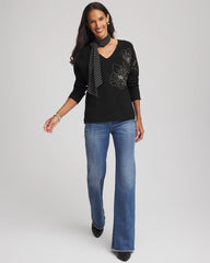 Chico's Women | Floral Embellished Dolman V-Neck Pullover BLACK