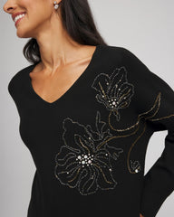 Chico's Women | Floral Embellished Dolman V-Neck Pullover BLACK