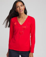 Chico's Women | Embellished Heart V-Neck Tee LOVE LETTER RED