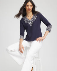 Chico's Women | Chic Scroll 3/4 Sleeve Perfect Tee PASSPORT BLUE