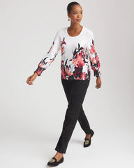 Chico's Women | Floral-Motif Smocked Cotton-Slub Tee ALABASTER