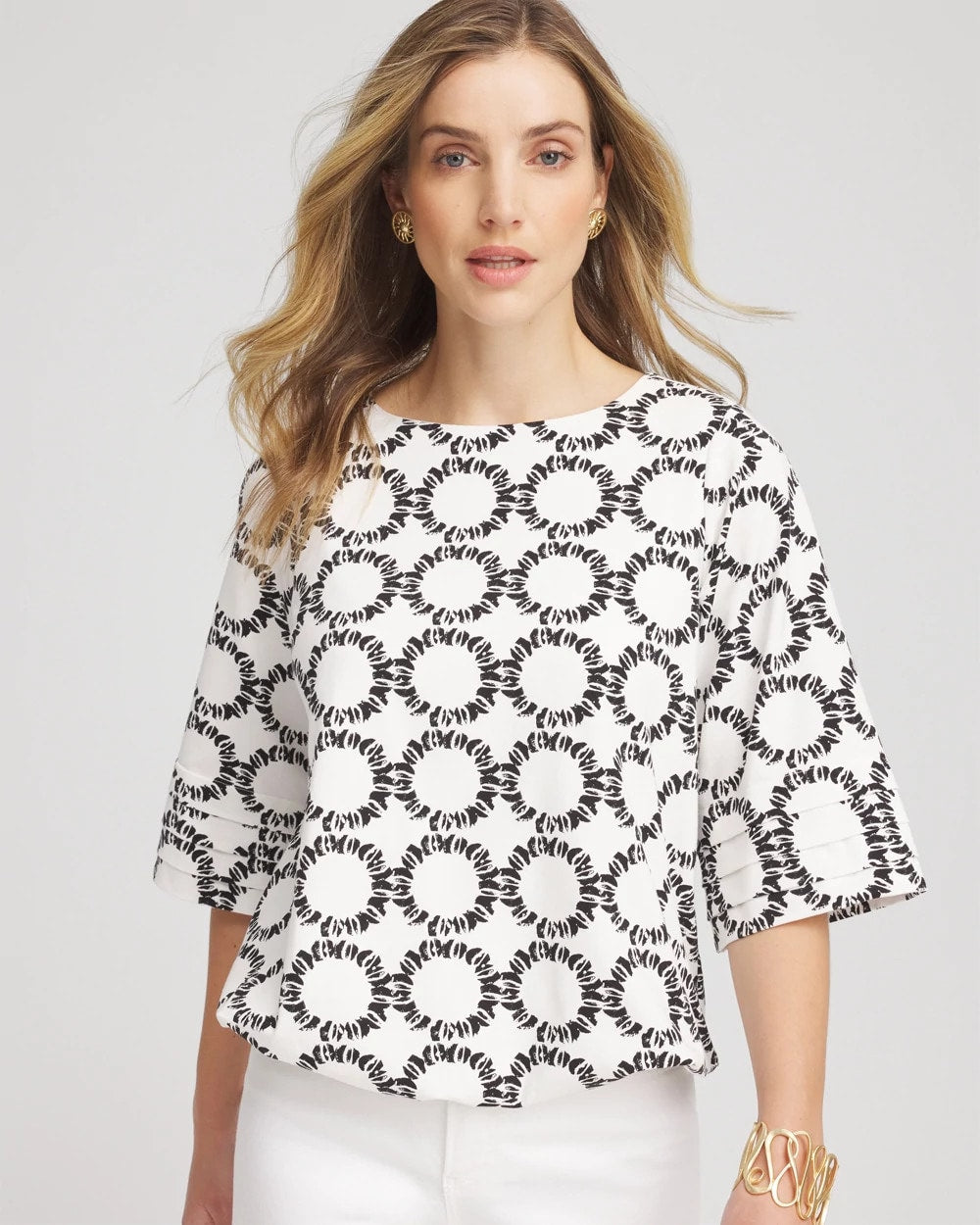 Chico's Women | Geo Print Boatneck Bubble-Hem Top ECRU