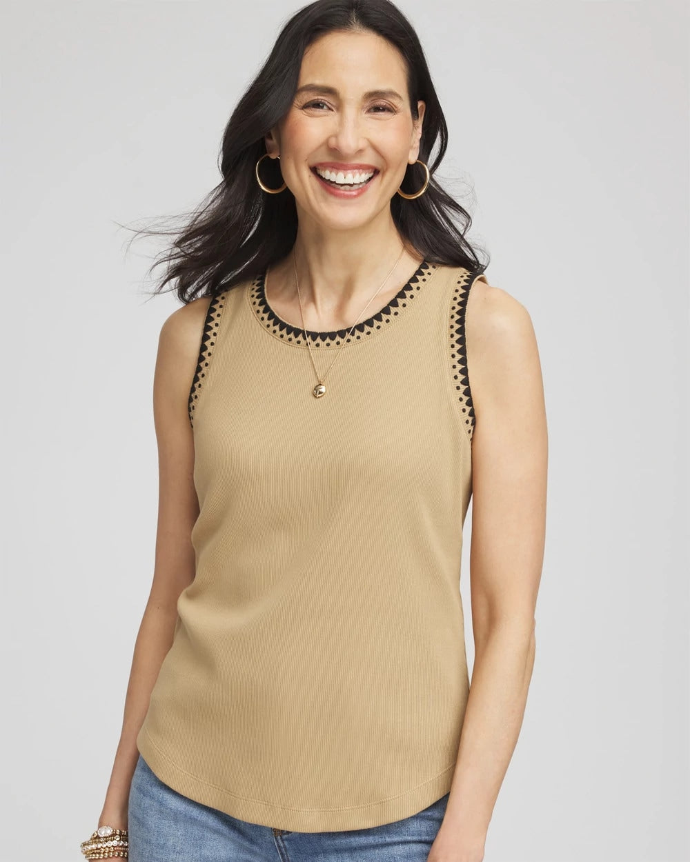 Chico's Women | Contrast-Trim Ribbed Cotton Tank Top CAFE AROMA