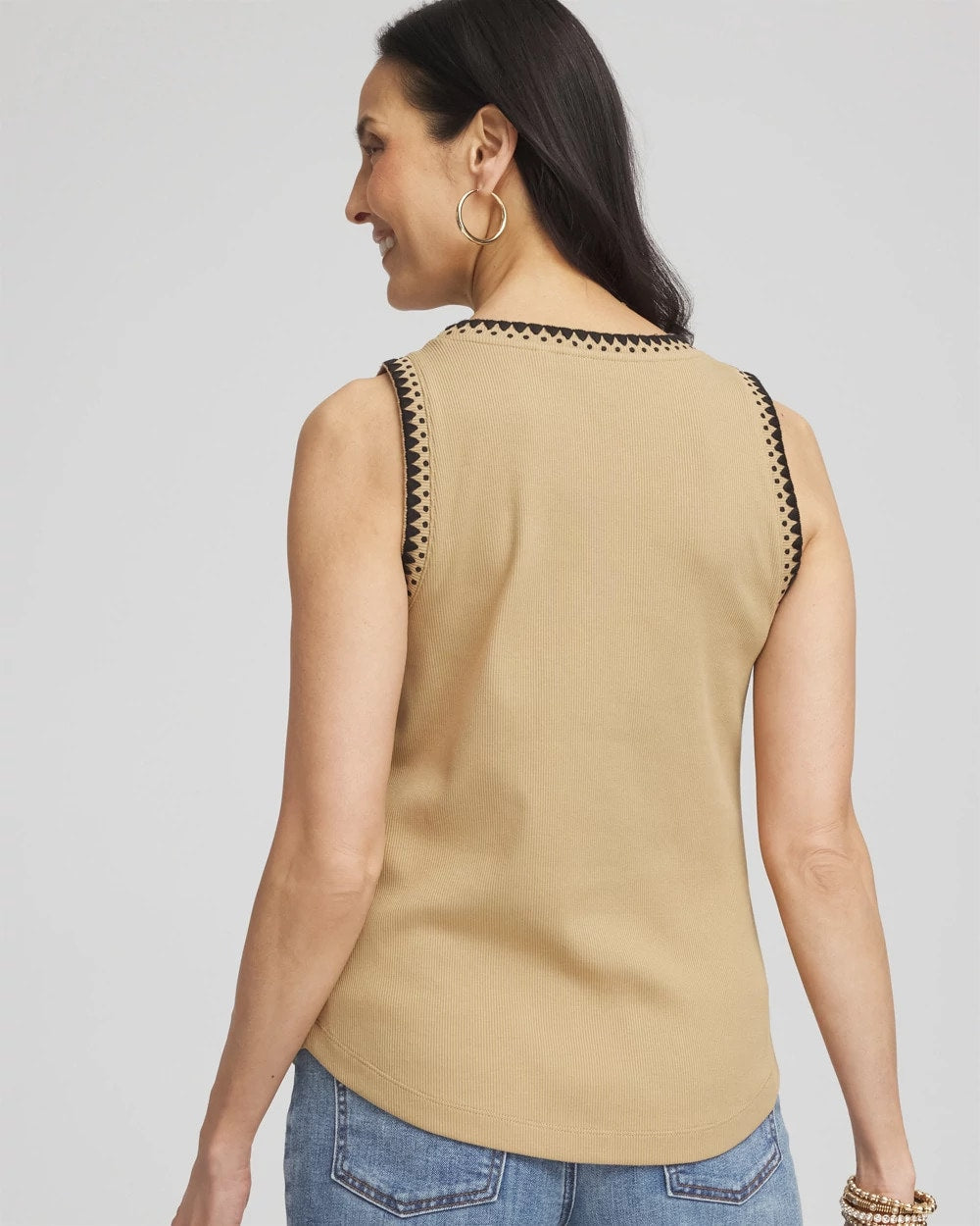 Chico's Women | Contrast-Trim Ribbed Cotton Tank Top CAFE AROMA