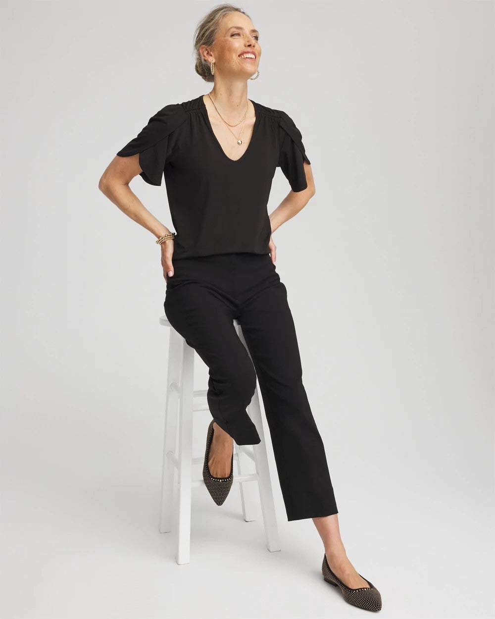 Chico's Women | Petal-Sleeve Voop Neck Tee BLACK