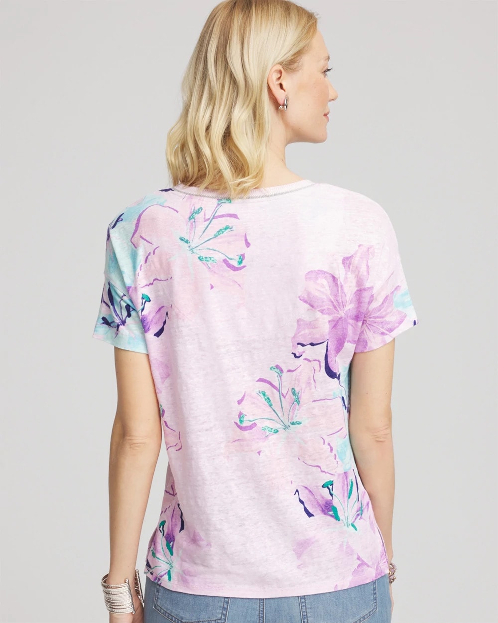 Chico's Women | Floral Sweater-Trim Linen Tee GENTLE LAVENDER