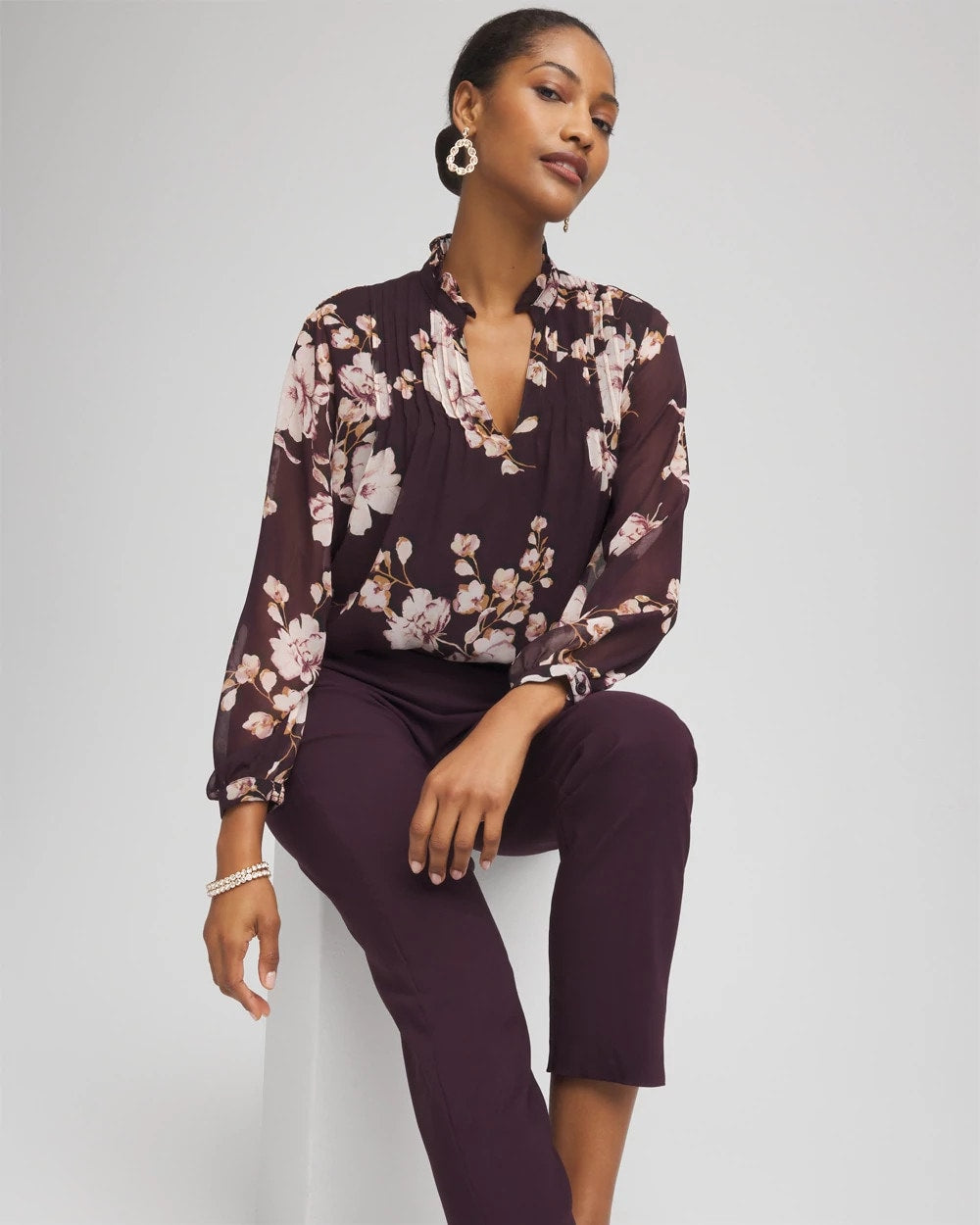 Chico's Women | Frosty Floral Ruffleneck Blouse NIGHT BLOOM