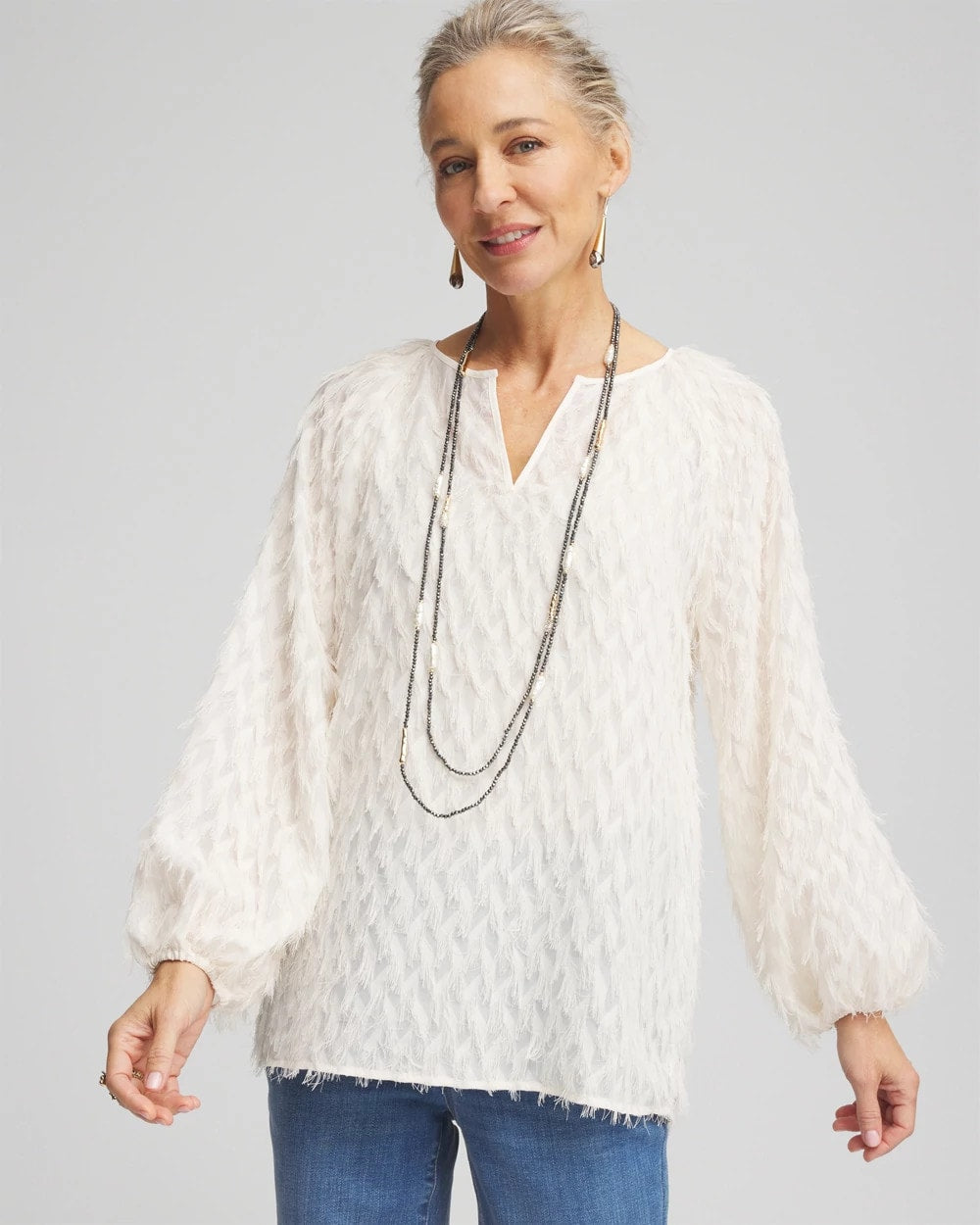 Chico's Women | Feathered Pullover Peasant Blouse ENGLISH CREAM